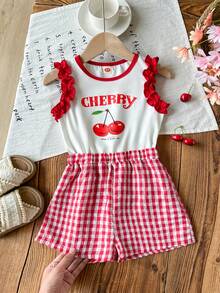 Bộ jumpsuit thời trang nữ trẻ trung, dễ thương, tay bồng, in hình quả anh đào và kẻ caro. - trắng - Xem 3