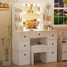 39,4" Weißer Schminktisch mit 10 LED-Hollywoo.d-Lampen & Hocker, Frisiertisch mit 5 Schubladen, 1 Schrank & offenen Regalen, 3 Farbmodi & dimmbarer Helligkeit, Make-up-Tisch für Schlafzimmer - Weiss - Übersicht 6