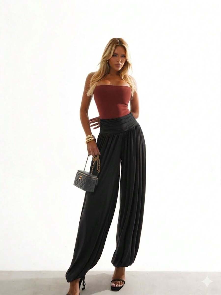 Women's Aladim Fluity High-Waisted Palazzo Pants - Elegant Fashion 2026 - màu đen - Xem 1