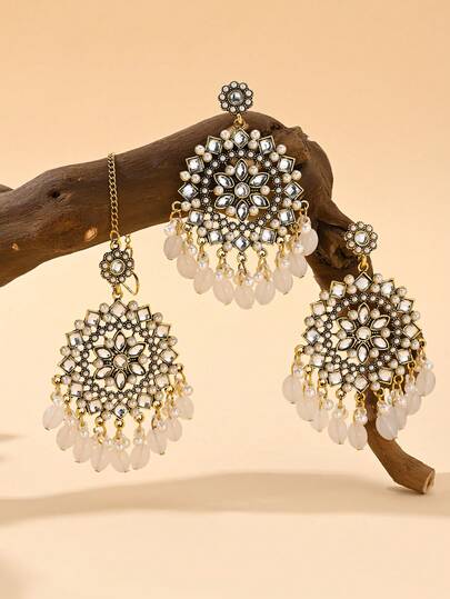 3件套时尚女士首饰套装，异域宫廷风仿珍珠镶钻头链、耳环，节日礼物，新娘首饰配饰