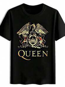 Fashion, All Match Fashion, All Match Retro Rock Band Printed Men's T-Shirt - Queen Band Skull Wings Pattern, Black Short Sleeve Summer Casual Crew Neck Shirt, Breathable And Machine Washable, Classic Fit Rock Band Top, Summer, Tops, Top, T Shirt, Cardigan, , Summer Top, Standard Fit, All Season Wear - màu đen - Xem 5