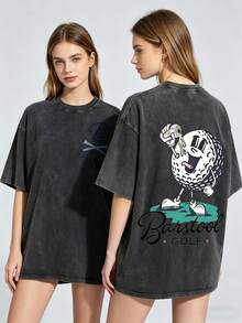 230g Vintage Washed Pure Cotton Men's T - Shirt, Featuring A Casual And Stylish Design With A "Barstool GOLF" Golf - Ball Print. Ideal For Outdoor Sports, This T - Shirt Offers A Loose Fit And Is Made From Soft Knitted Fabric - 黑色 - 查看 2