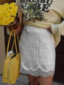 Women's Solid Color Contrast Lace Skirt White Spring - White - View 4