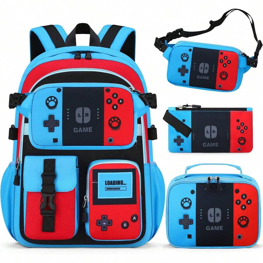 School Backpack For Boys - 4PCS Gamer Boys Backpack With Lunch Box Set For Elementary Middle School - Students Bag For Ages 6-18,18″ Video Game Bookbag Travel Back Pack - Red-blue Backpack Set - View 1