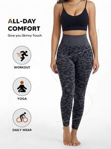 Quần legging nén yoga không đường may in họa tiết da báo dành cho nữ. - màu đen - Xem 6