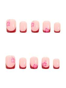 24pcs Summer Short Square Elegant Burgundy Edged Striped Pink Floral Polka Dot Glossy Artificial Nails, Fashion Versatile Wear For Dates, Parties, Spring/Summer, Suitable For Women & Girls, Autumn/Winter Daily Wear, Removable Press-On Nails Set With Jelly Gel And File, Easy To Wear And Durable, Random Jelly Gel Included - Burgundy - View 2