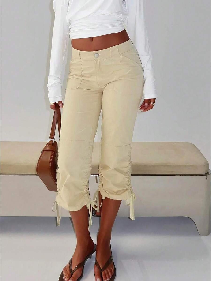 Black/Beige Low Rise Cargo Capri Pants, Y2k Drawstring Ruched Casual Cropped Pants, Vintage Streetwear Baggy Capris For Women - Khaki - View 1