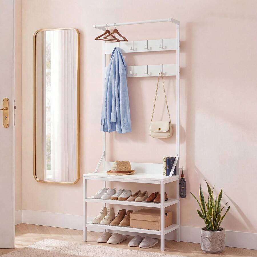 BALCONERA Industrial Freestanding Coat Rack With Shoe Storage Shelves & 9 Hooks, Metal Frame Hallway Entryway Organizer Unit - White - View 1