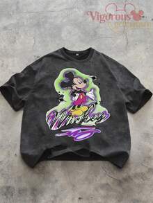 Summer Travel Short Sleeve T-Shirt, Unisex Short Sleeve, Disney Mickey Graffiti Style Print Casual T-Shirt - 黑色 - 查看 2