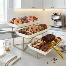 3 Tier Serving Tray Set + Clip,Tiered Serving Platters, Collapsible Sturdier Stand With Stable Cross Bars, Three Layer Serving For Party Entertaining Food Display Fruit Dessert - Gold - View 1