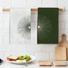 2pcs White & Green Hand-Painted Line Sun Pattern Kitchen Towels, 40*60cm Soft Microfiber Material Tea Towels, Suitable For Home, Kitchen, Restaurant, Outdoor Camping, Tabletop Cleaning, Dish Drying, Gift - Multicolor - View 5