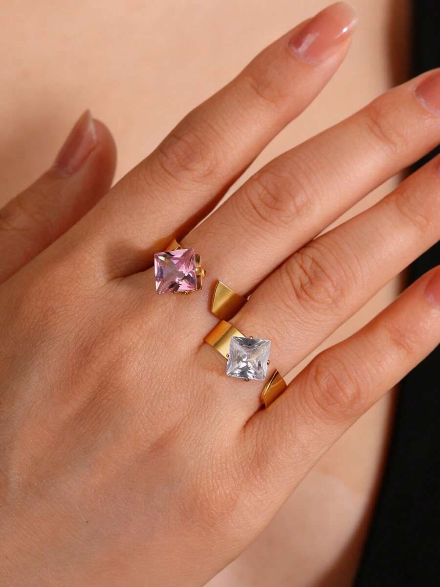 1枚女士镀金不锈钢开口戒指，方形锆石可调节戒指，适合日常佩戴或派对礼物 - 開口戒指 - 查看 1