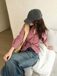 秋季收腰条纹长袖衬衫上衣 红色 - 紅色 - 查看 4