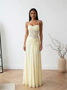 Womens Summer Halter Dress A Line Stylish Ruched Solid Color Sleeveless Backless Long Dress - Yellow - View 4