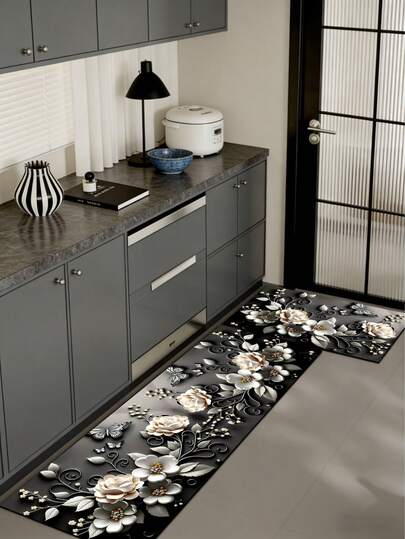1pc Silica Gel Kitchen Mat, Black Base With 3D Embossed Design Of Ivory & Light Pink Roses, Daisies, Silver Gray Scroll Patterns, Leaves, Butterflies, And Scattered Golden Beads, Elegant And Romantic