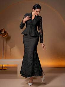 Gaun Set 2 Potong Elegan Baru, Leher V, Desain Lengan Berhiaskan Mutiara di Bagian Depan, Kain Kustom Hitam - Hitam - View 5
