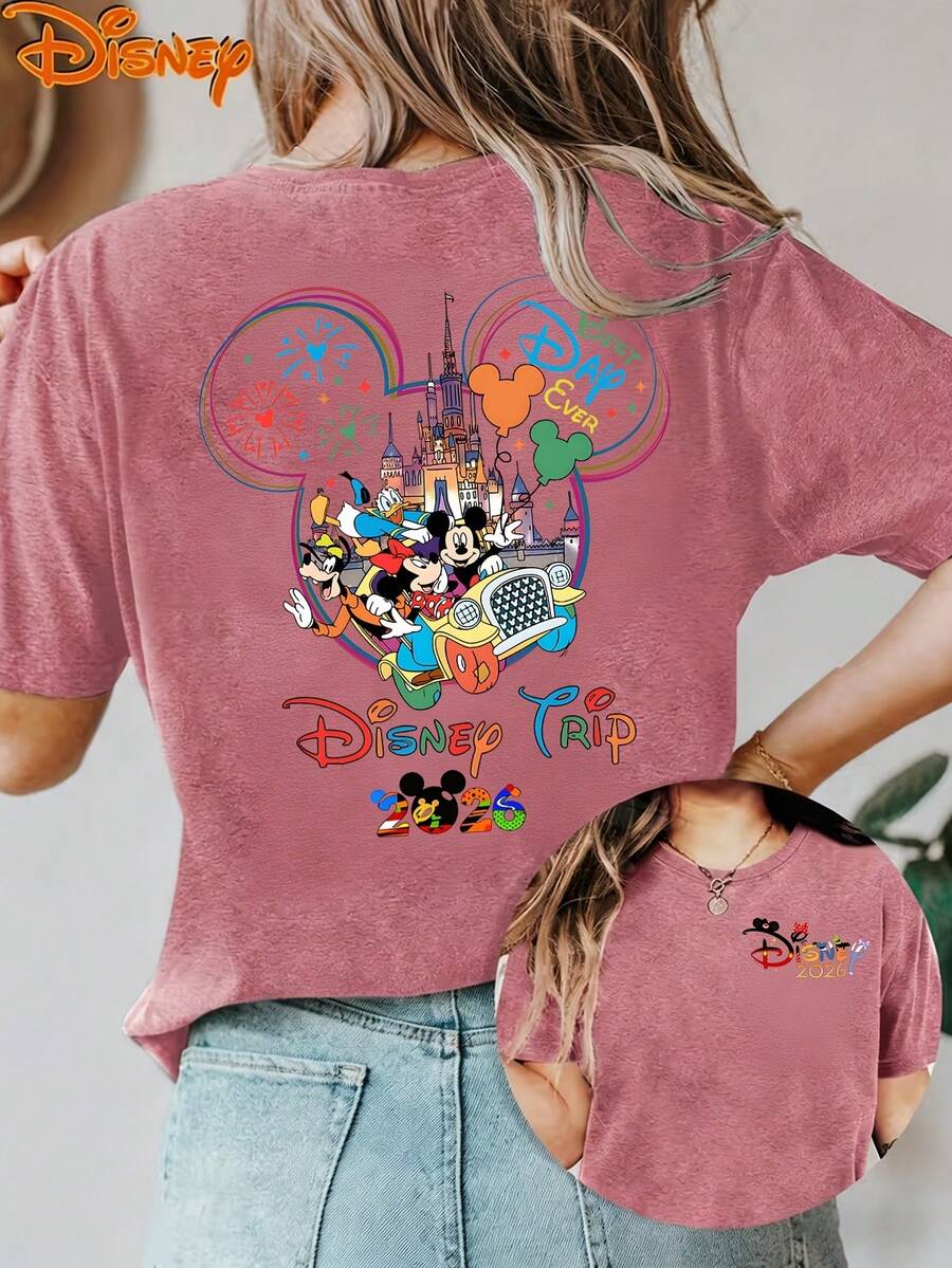 Disney License T Shirts,Disney 2026 Disney Trip Best Day Ever Women's Graphic T-Shirt, Retro Mickey Mouse Minnie Mouse Goofy Pluto Disney Castle Fireworks Balloon Cartoon Print Crew Neck Casual Loose Fit Short Sleeve Tee, Summer Casual Tops For Disney World Theme Park Family Vacation Daily Wear ,Camiseta, Summer Outfits For Women, Summer Clothes, Summer Tops, Tops For Women, Festival Outfits, Summer Tops For Women, Mother's Day, Mother's Day Clothing, Gifts For Family And Friends, Spring Outfits For Women, Officially Licensed Disney T-Shirts, Disney Men's And Women's Spring/Summer Fashion Casual Short-Sleeve T-Shirts - 玫紅色 - 查看 1