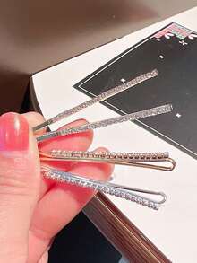 4-8pcs 6cm Fashionable Minimalist Rhinestone Hair Clips, Versatile Daily Use - Silver - View 7