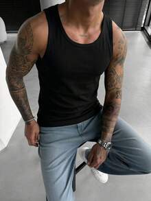GRDR Tank Top Pria Kasual Musim Panas Tanpa Lengan Leher Bulat - Hitam - View 4