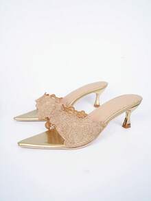 新款女士优雅刺绣低跟尖头拖鞋 - 金色 - 查看 6