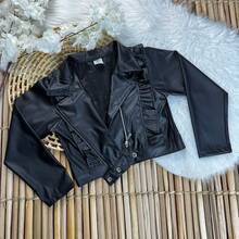 Girls' Faux Leather Jacket With Front Ruffle, Double-Sided Zipper, And Modern Collar – Black And Brown, Sizes 2 To 10 Years - 黑色 - 查看 11