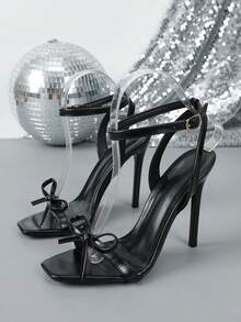 Square Toe High Heel Slip-On Sandals, Fashionable For Spring/Summer - Black - View 12