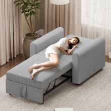 3 In 1 Convertible Single Sofa Bed With Adjustable Backrest, Pull Out Single Sleeper Chair Bed With Pockets For Living Room, Linen Fabric, Light Grey - Gris claro - Individual - Ver 11