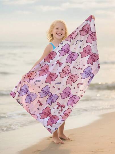1pc Pink & Purple Bowknot Kids Beach Towel, Super Soft Microfiber Extra Large Beach Blanket, Highly Absorbent Bath Towel, Suitable For Travel, Swimming Pool, Diving, Surfing, Yoga, Camping, Available In Multiple Sizes, Beach Accessories