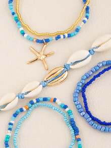 7pcs Tropical Ocean Bohemian Style Beaded Alloy Starfish & Shell Decor Bracelet Set - Blue - View 4
