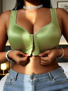 1件装亮面面料女士休闲日常文胸，无钢圈前扣一体式固定防滑肩带内衣 - 綠色 - 查看 5