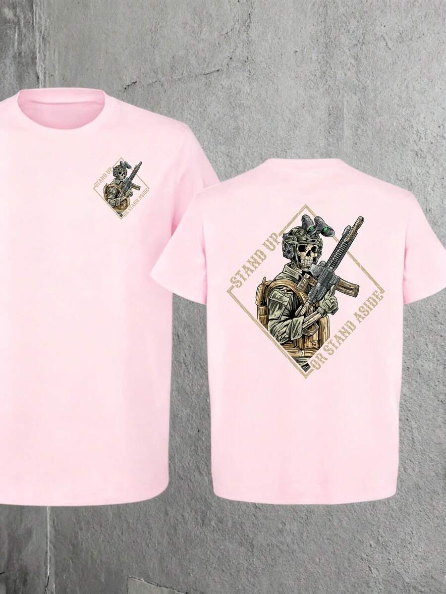 Men's Pure Cotton T-Shirt Funny Print T-Shirt,Mens Clothes,Stand Up Or Step Aside! This T-Shirt Is A Bold Military-Style Statement, A Perfect Gift For Her Or Him, A Round-Neck Streetwear Fashion Item,Summer Outfits,Streetwear,Y2k - 粉色 - 查看 1