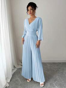 Women's Jumpsuit With Wide-Leg Pants, V-Neck, Overlay, Elegant, Fitted Waist, And Pleats. - 淺藍色 - 查看 6
