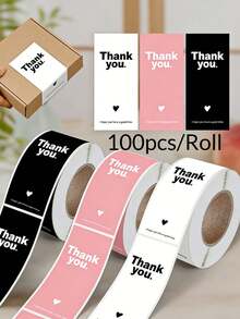 100pcs/Roll Heart-Shaped Thank You Stickers, 3 Colors Rectangular Seal Labels, Pink/Black/White Glossy Paper Stickers, Suitable For Gift Wrapping, Gift Boxes, Baking Boxes, Small Business Packaging And Holiday Decoration Labels, Gift Boxes - Multicolor - View 3