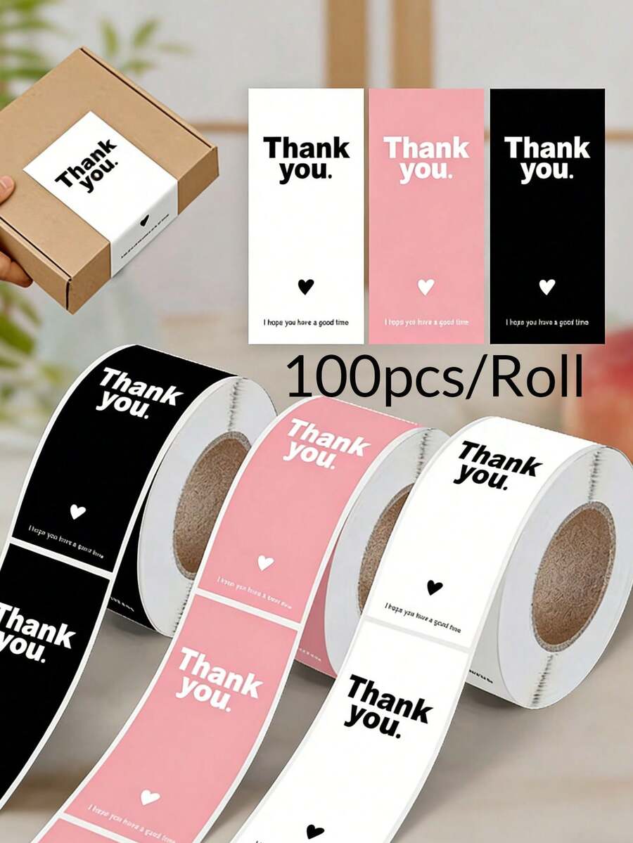 100pcs/Roll Heart-Shaped Thank You Stickers, 3 Colors Rectangular Seal Labels, Pink/Black/White Glossy Paper Stickers, Suitable For Gift Wrapping, Gift Boxes, Baking Boxes, Small Business Packaging And Holiday Decoration Labels, Gift Boxes - Multicolor - View 1