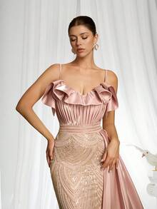 VIPGIRL Đầm dạ hội dài, sang trọng, màu hồng hoa văn, chất liệu lưới, không dây vai, xếp lớp, trang trí nơ, phù hợp cho các dịp đặc biệt như tiệc tùng, đám cưới, mùa xuân. - Hồng - Xem 2