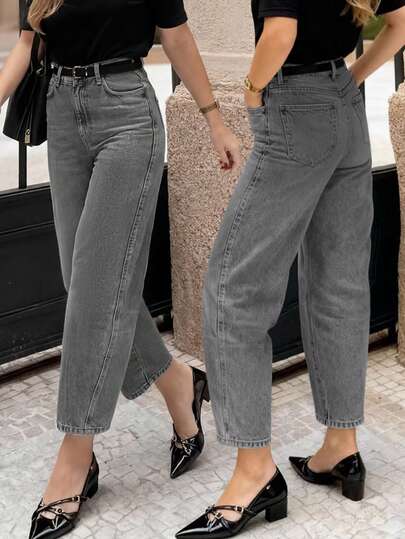 Women's Casual Grey Cropped Tapered Jeans With Pockets And Zipper Closure, Medium Stretch Denim Fabric, Suitable For Daily Wear Spring