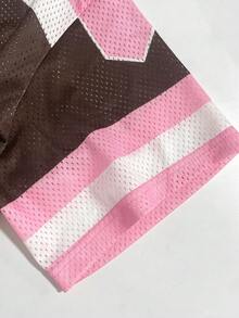 Y2K 复古棕色/粉色字母 G 网眼运动针织 T 恤，宽松 V 领街头风 OOTD，节日，度假海滩休闲装扮。 - 彩色 - 查看 4