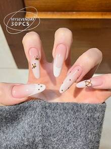 30pcs Long Pointed/Cute Cat Claw Shaped Fake Nail Stickers, Adorable & Soft Style - Multicolor - View 3