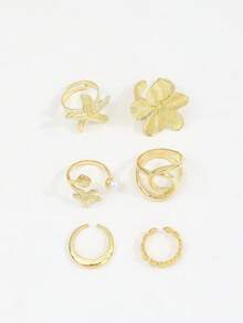 6pcs Smooth Geometric Ocean Elements Starfish Shell Oversized Fashion Rings, Vintage Pentagonal Flower Classic Gold Rings For Women - Gold - View 3