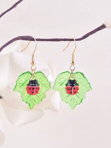 1 Pair Cute Countryside Style Leaf, Insect, Ladybug & Bee Dangle Earrings, Party Jewelry Accessories For Women - Multicolor - View 7