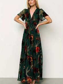 Elegant Women's Chiffon Deep V Neck Long A-Line Dress With Short Flounce Sleeves And Shirred Details - 墨綠色 - 查看 2