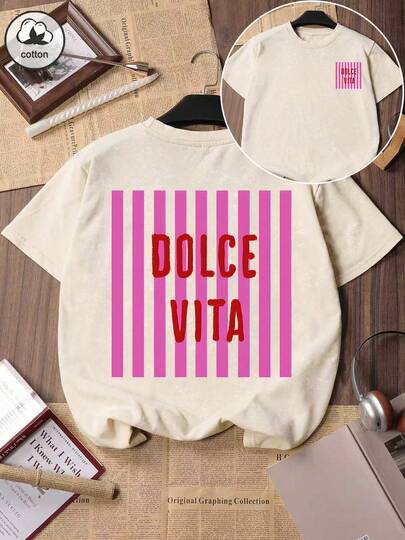 Es Trus Cotton 女士夏季趣味印花嘻哈意大利复古甜美酷炫风格“玫瑰粉竖条纹+DOLCE VITA”字母个性化图案印花街头风，韩版舒适基础款时尚通勤百搭Y2K女装，适合户外休闲，常规小众朋克风米色修身圆领短袖水洗T恤