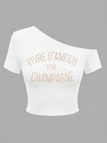 Blusa de verano casual diaria de LOVE JOYY para mujer con cuello cruzado, manga corta, letras blancas y aplicaciones de diamante de imitación - Blanco - Ver 2