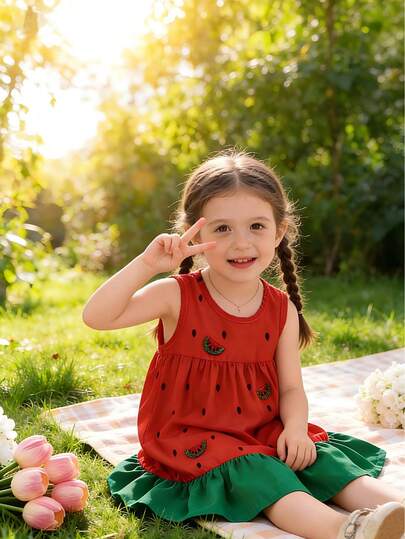 Vestido sin mangas con parches de decoración de sandía para niñas, vestido de verano lindo y de moda para niñas jóvenes, adecuado para uso casual y salidas