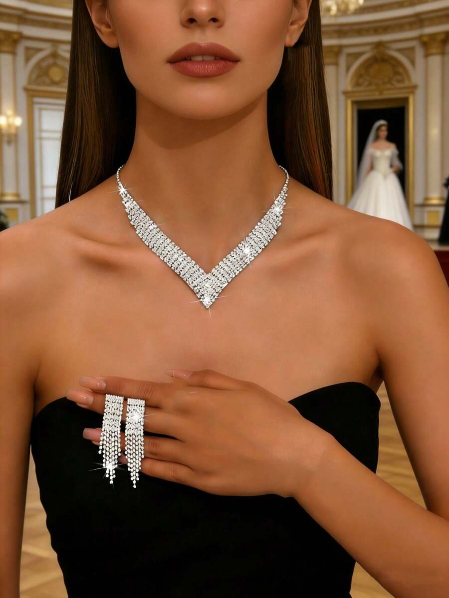 Bộ trang sức cưới sang trọng, thanh lịch gồm dây chuyền, bông tai và nhẫn, thích hợp cho tiệc cưới mùa hè. - Bạc - Xem 1