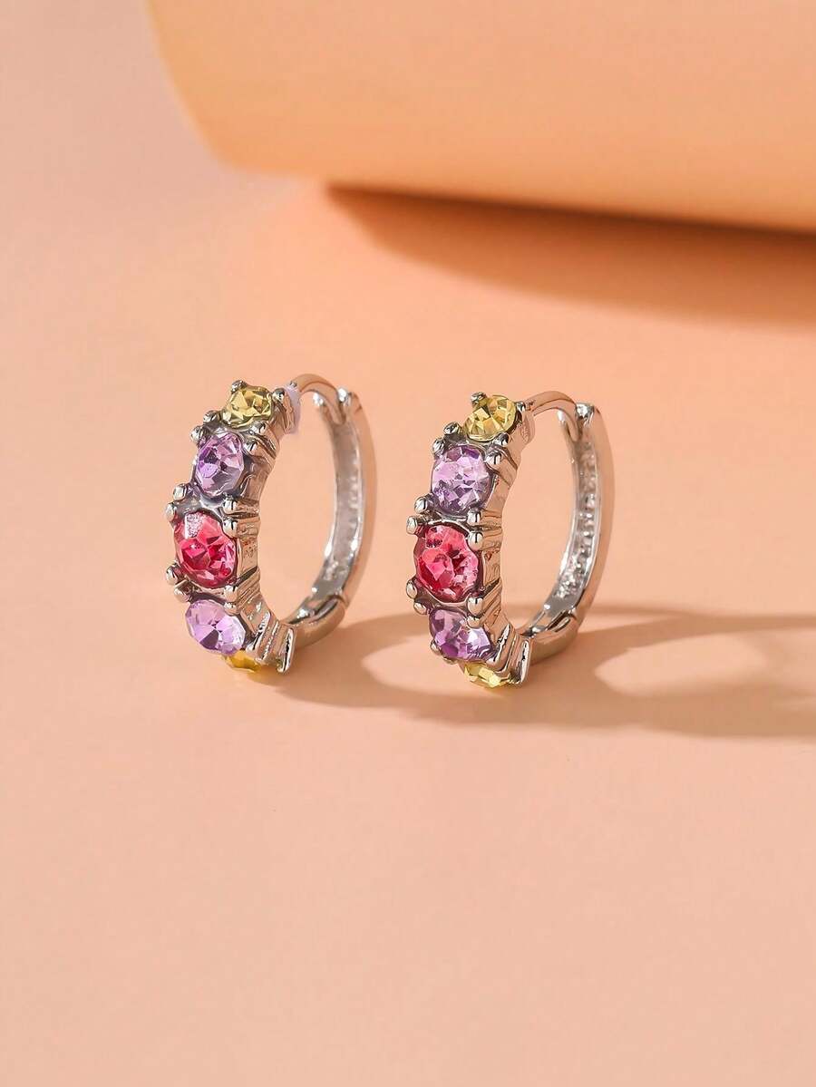 Cubic Zirconia Decor Hoop Earrings - Silver - View 1