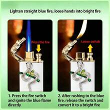 Cute Lighter, Dual Flame Windproof Lighter, Heart/Snake Design Lighter, Metal Embossed Rhinestone Butane Torch Lighter, Refillable Adjustable Flame - 蛇(無氣) - 查看 7