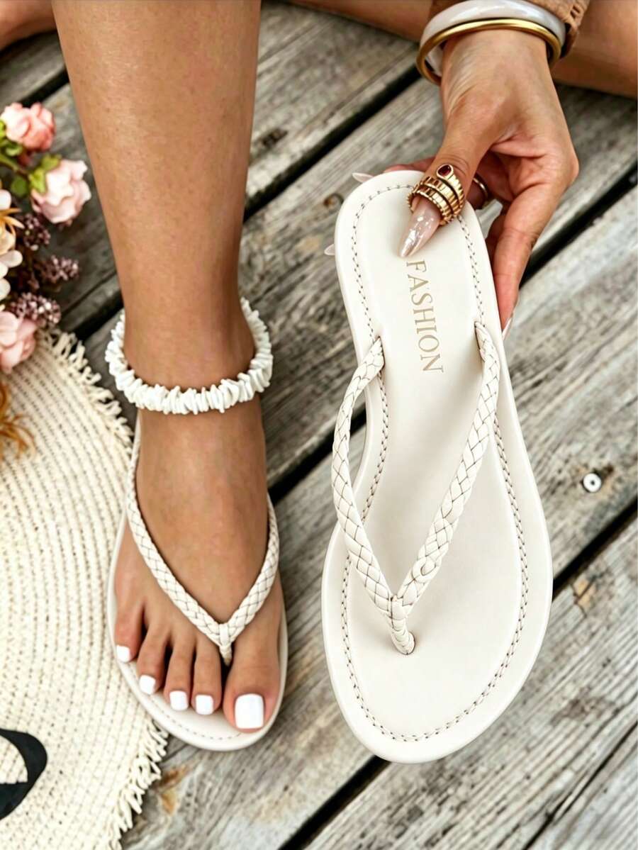 Mother's Day Women Braided Detail Thong Sandals, Vacation Sandals - trắng - Xem 1