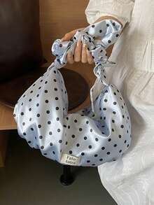 1 件甜美波点印花女士手提包，配有可拆卸褶皱肩带，新月形肩包，时尚百搭的学院风 - 淺藍色 - 查看 3