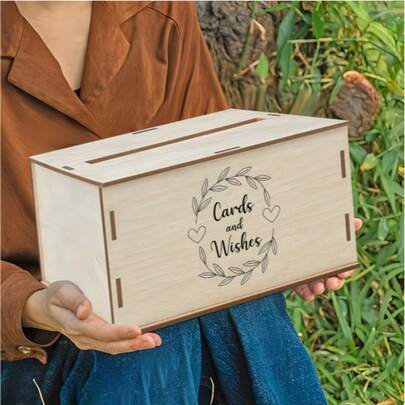 Hộp đựng thiệp chúc mừng đám cưới bằng gỗ hình vòng hoa, hộp đựng thiệp chúc mừng tiệc tùng.